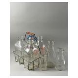 Vintage Milk Glasses & Wire Carrier
