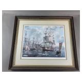 Framed "Whaler Ships" by artist Roy Cross.