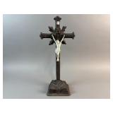 Antique Carved Wood Cross W/Ceramic Corpus