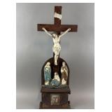 Antique Wooden Crucifix on Box w/ Scrolls