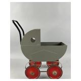 Vintage Grey Metal Doll Stroller w/Red Wheels