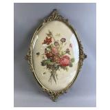 Antq Brass Floral Picture w/ Bubble Glass