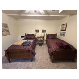 Pair of Antique Wood Framed Twin Beds & Linens