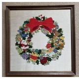 Vtg Christmas Wreath Framed Embroidered Textile