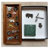 Sterling Animal Brooches, Pewabic Tile & Patches