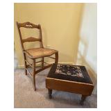 Antique Cane Seat Chair & Needlepoint Footstool