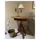 Antique Wood Side Table, Brass Lamp, Bucket & More