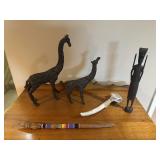 Elk Horn, Iron Giraffe Statues, & Carved Figures