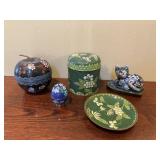 Small Cloisonnï¿½ Cat, Apple, Egg, Jar & Tray