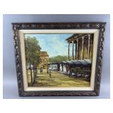 Framed/Signed Street Scene Oil on Canvas Painting