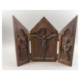 Antique Hand Carved Wooden Triptych Crucifix