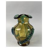 Vtg George Sand Amber & Blue Hand-blown Glass Vase