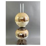 Antq Victorian Beige Cabin Scene Oil Lamp