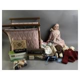 Vtg Porcelain Doll/Accessories, Sewing Kit, & More