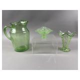 Vtg Green Uranium Glass Bowl, Vase & Pitcher