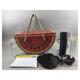 Vtg Watermelon Picnic Basket & Picnic Set