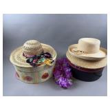 Lot Of 4 Straw Hats, Carrying Cases & Floral Laid