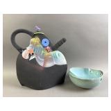 Vtg Post Modern Studio Pottery Teapot & Bowl