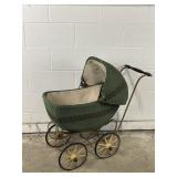 Antique Green Wicker & Woven Baby Doll Carriage