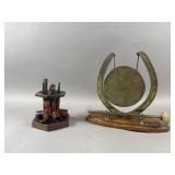 Vintage Brass Gong & Wooden Pipe Stand W/ Pipes