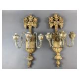 Vintage Wood & Brass Hand Carved Candle Holders
