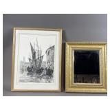 Framed/Signed Venice Etching & Vtg Style Mirror