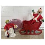 Vtg Mr & Mrs Clause Figures, Wooden Sled, & More
