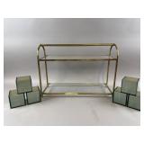 Rounded Brass 2 Tier Shelf & Glass Flower Vases