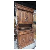 Antique Jacobean Revival Carved Wood Hunt Cabinet