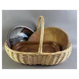 Meso Pottery, Wicker Basket, & Wooden Bowls