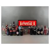 Light Up Coca Cola Sign & Various Coke Bottles