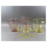 Vtg Yellow & Pink Depression Glass Pitchers & More