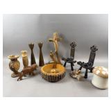 MCM Hand Carved Wooden Candle Holders & More