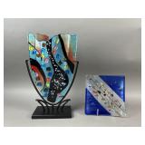 Decorative Fused Art Glass V-Vase and Dish