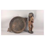 Hand Carved Wooden Dough Bowl and Figure