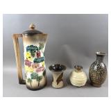 Vtg Glazed Ceramic Vases & Hand Painted Coffee Pot