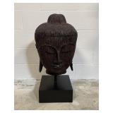 Carved Wooden Buddha Head Sculpture on Black Stand