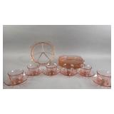 Pink Depression Glass Plates and Cups with Saucers