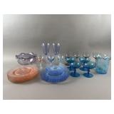 Vtg Mixed Colored Glassware - Plates and Stemware