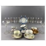 Vtg Teacups & Saucers & Hand Painted Wine Glasses