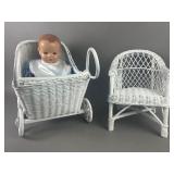 Antique Baby Doll, Wicker Stroller & Chair