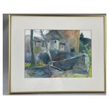 Framed Village Scene Watercolor Painting