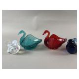 Signed Fenton Paperweight & Colored Swan Glasses