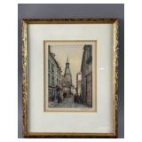 Watercolor Etching "Tour De I Horloge" G. Degraven