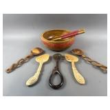 Vintage Hand Carved Salad Bowl Set & Utensils