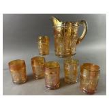 Vtg. Marigold Carnival Glass Seven Piece Water Set
