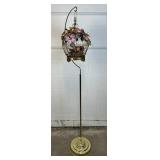 Vtg. Birdcage, Lacquer Fabric Flower, Brass Stand