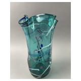 Signed Vtg Handblown Teal Art Glass Fluted Vase