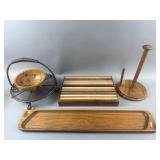 Vtg Wooden Desk Organizer, Brass Stand & More
