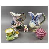 Vtg Butterfly Vases, Rose Shaped Sugar Bowl & More